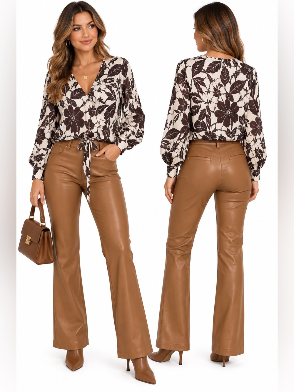 Olivia Grey NWT Floral Wrap Front Blouse Brown & Cream Size Large